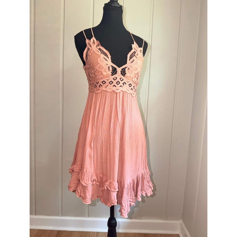 Free People FP One Adella Crochet Lace Mini Dress Pink Boho Ruffle Handkerchief